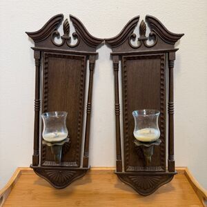 Vintage Burwood 1972 Wall Sconces Set of 2 w/ Glass Hurricanes Faux Candles 356